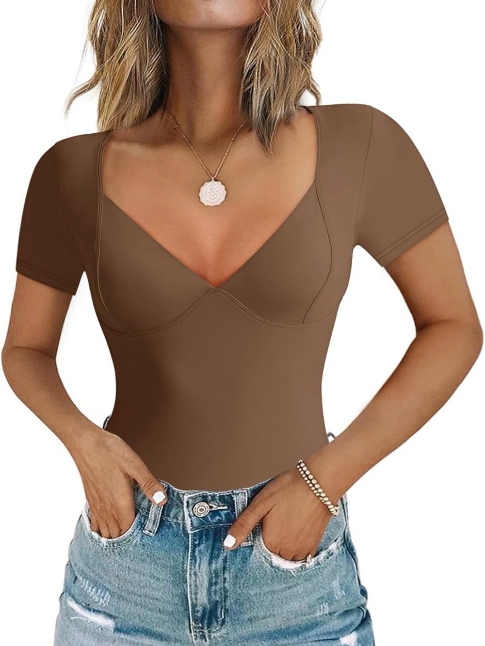 Deep V-Neck Short Sleeve Bodysuit in Brown